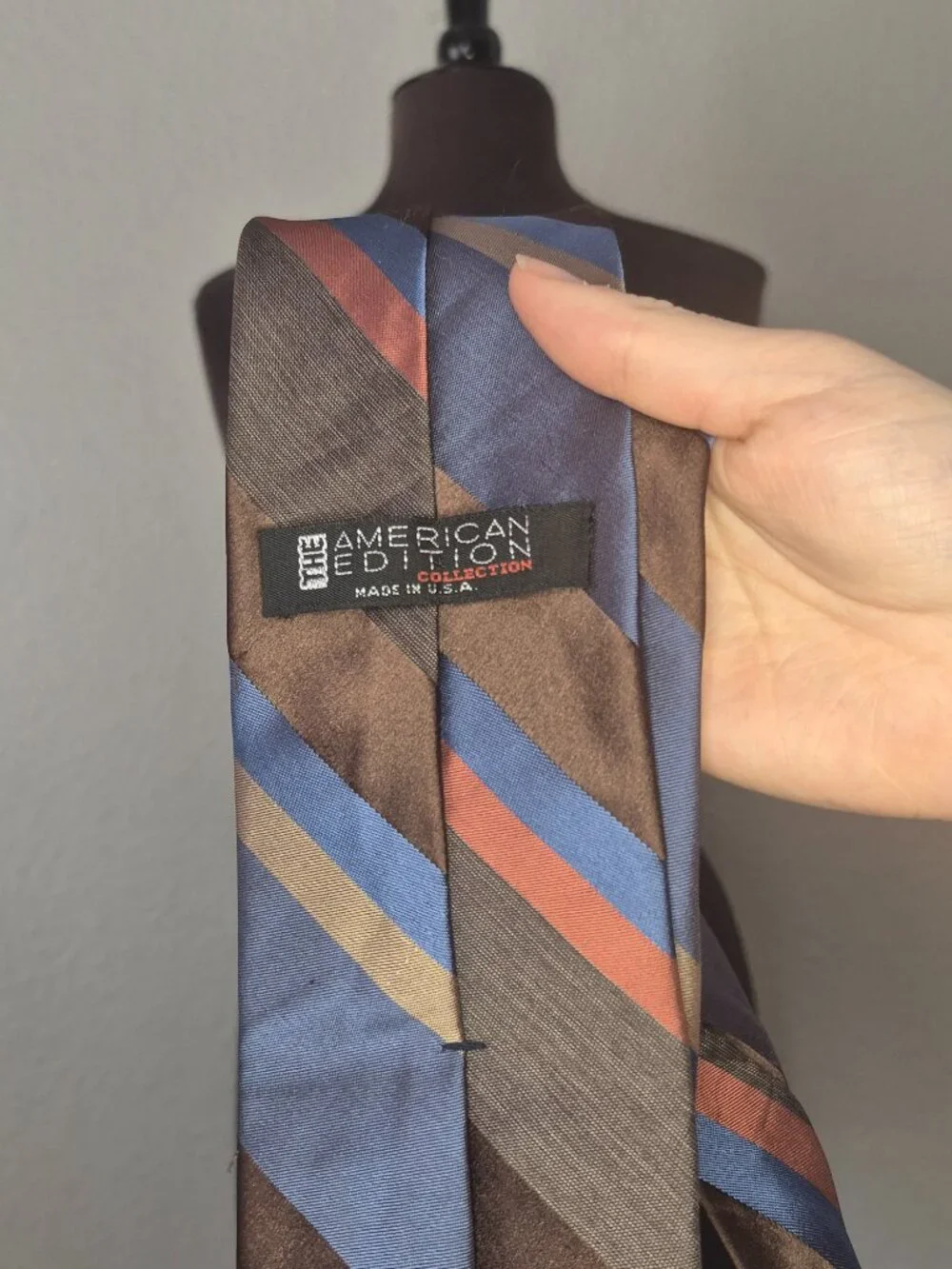 Vintage The American Edition Mens Tie Brown Slate Blue Gold Striped Necktie